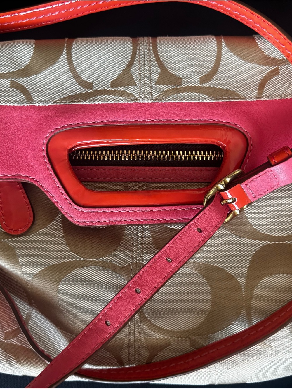 Coach Neutral Signature Canvas Shoulder Bag with Pink and Orange Trim